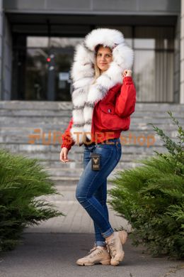 photographic Red short parka with fur of arctic fox in the women's fur clothing store https://furstore.shop