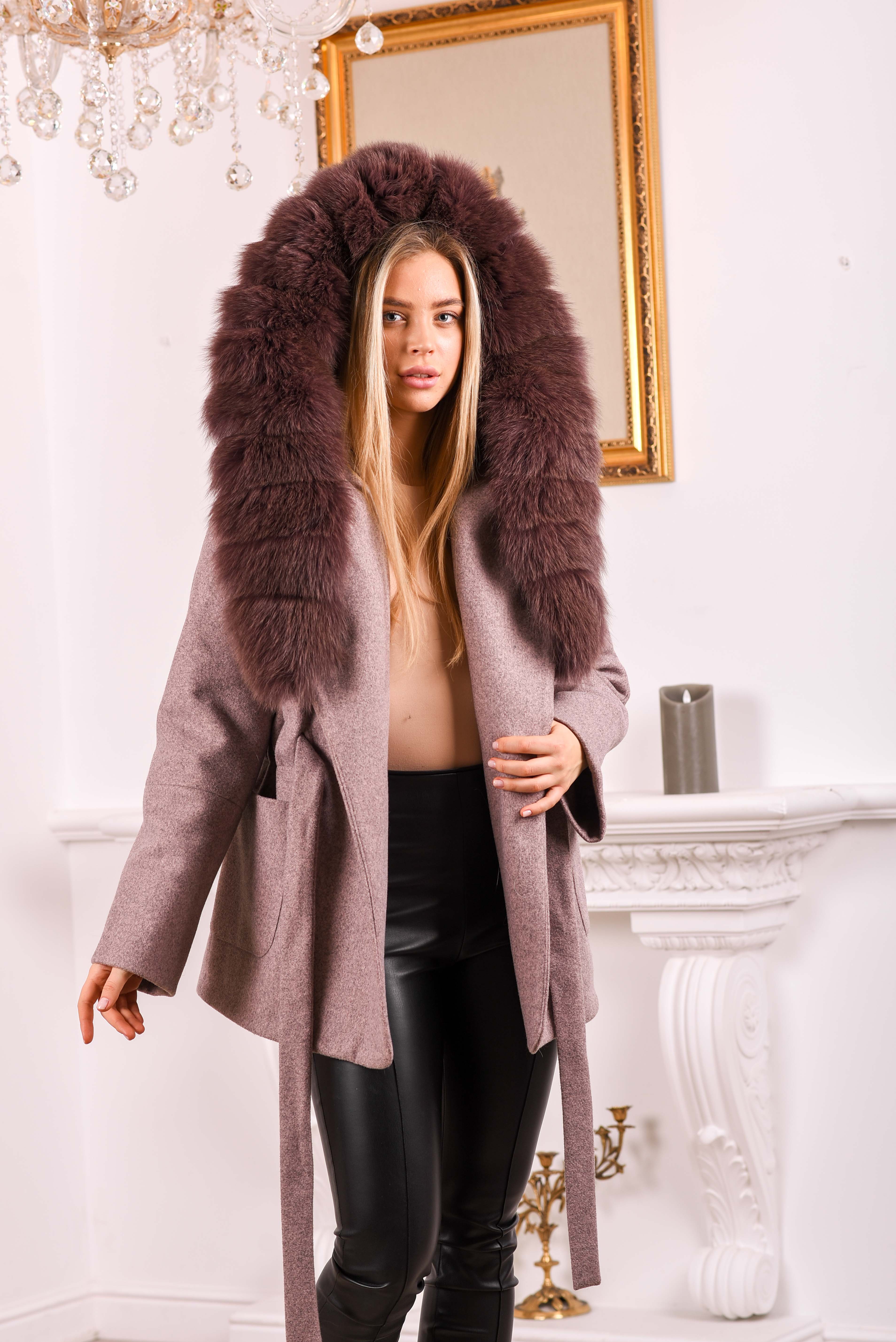 Women`s wool coat with hood and bright fur