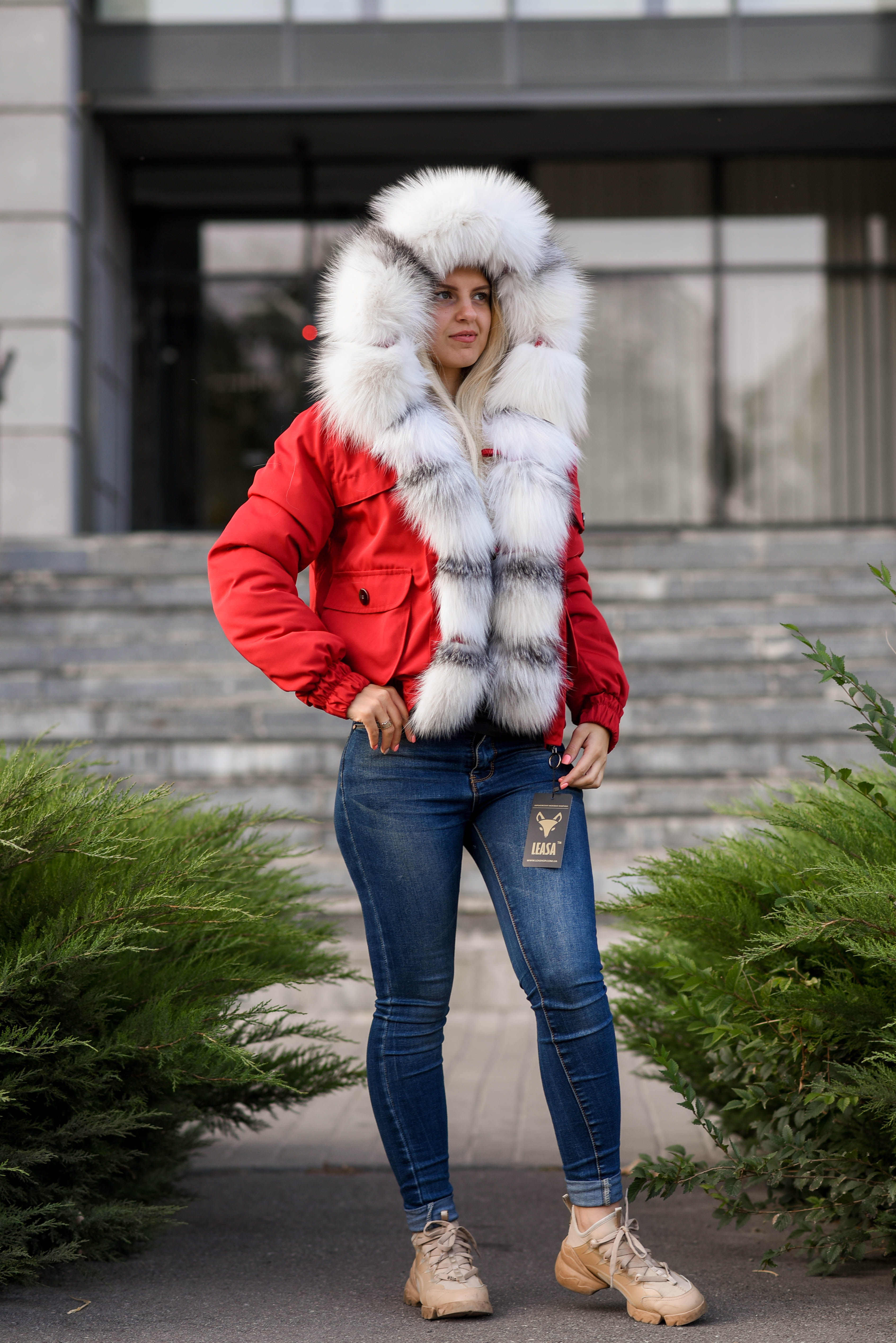 Red short parka with fur of arctic fox