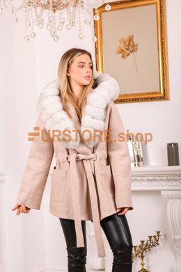 photographic Women`s wool coat with white fur of arctic fox in the women's fur clothing store https://furstore.shop