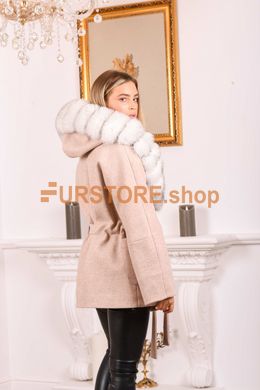 photographic Women`s wool coat with white fur of arctic fox in the women's fur clothing store https://furstore.shop