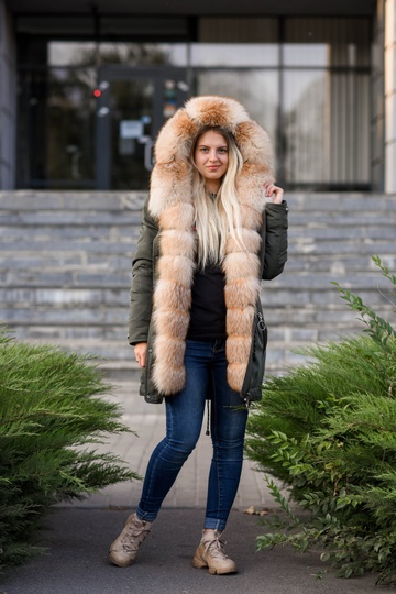 photographic Women`s parka haki with fur of Gold Frost Fox in the women's fur clothing store https://furstore.shop