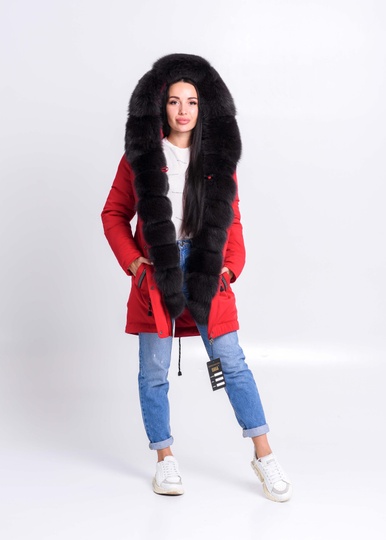 photographic Winter red parka with fur like sable in the women's fur clothing store https://furstore.shop