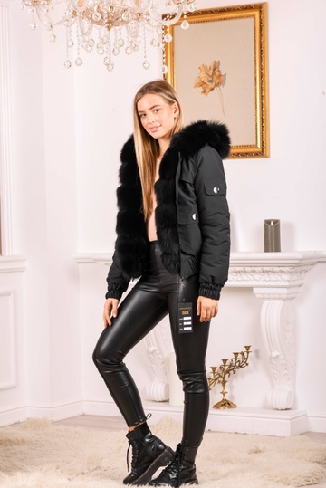 photographic Short black parka with polar fox fur in the women's fur clothing store https://furstore.shop