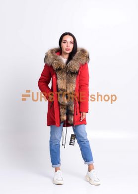 photographic Red warm parka with raccoon fur in the women's fur clothing store https://furstore.shop