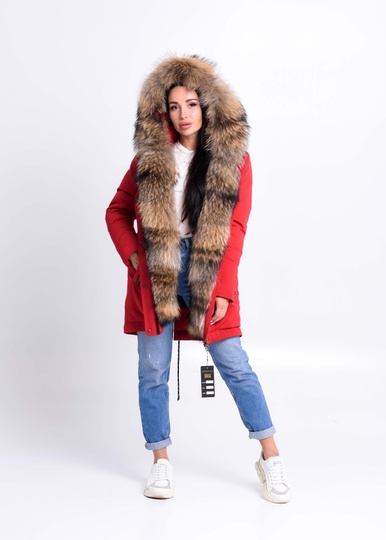 photographic Red warm parka with raccoon fur in the women's fur clothing store https://furstore.shop