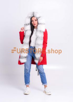 photographic Women`s red parka with fur of arctic fox in the women's fur clothing store https://furstore.shop