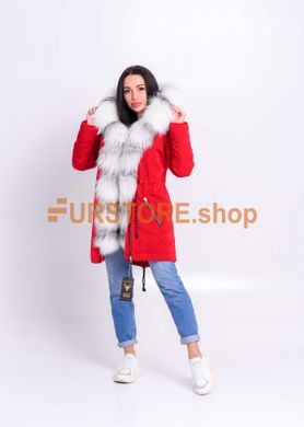 photographic Women`s red parka with fur of arctic fox in the women's fur clothing store https://furstore.shop