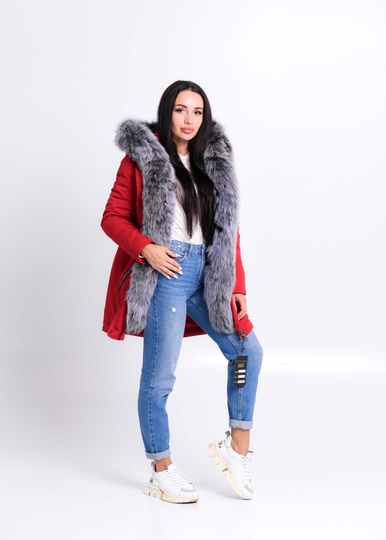 photographic Red parka with fur of polar fox in the women's fur clothing store https://furstore.shop