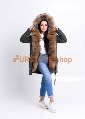 фотогорафия Зимняя парка хаки с мехом енота в магазине женской меховой одежды https://furstore.shop