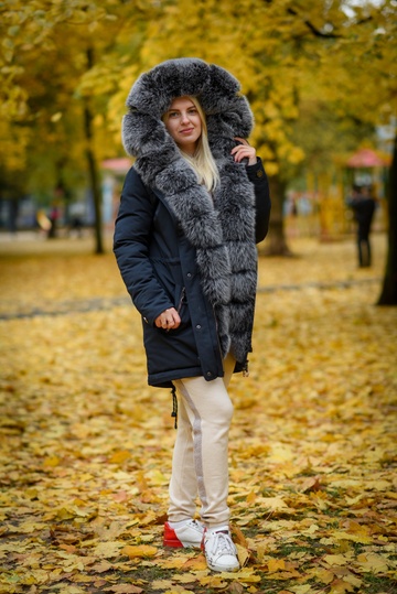 photographic Winter parka jacket with fur of silver fox in the women's fur clothing store https://furstore.shop