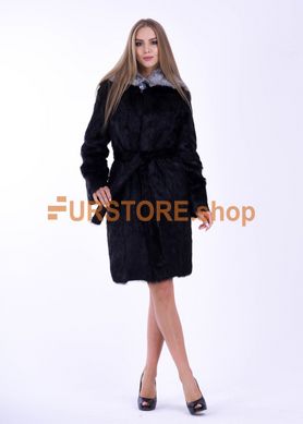 photographic Black female coypu coat with a furry on the hood in the women's fur clothing store https://furstore.shop