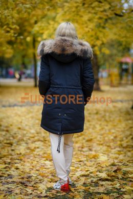 photographic Blue winter parka with raccoon fur in the women's fur clothing store https://furstore.shop