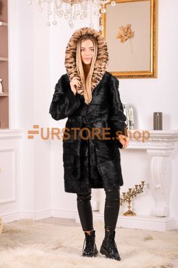 photographic Women's fur coat made of natural fur with a leopard hood in the women's fur clothing store https://furstore.shop