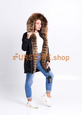 photographic Women`s black parka with great raccoon fur in the women's fur clothing store https://furstore.shop