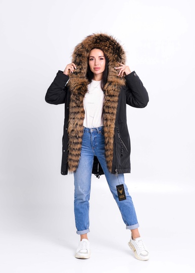 photographic Women`s black parka with great raccoon fur in the women's fur clothing store https://furstore.shop