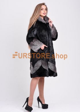 photographic Women`s black fur coat with silver pattern and cuff | there are large sizes in the women's fur clothing store https://furstore.shop