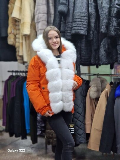 photographic Women's stylish parka with albino fox fur in the women's fur clothing store https://furstore.shop