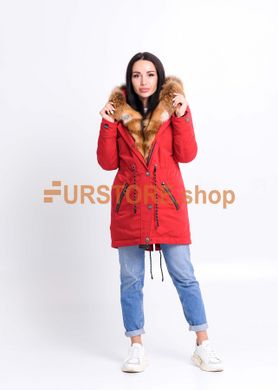 фотогорафия Красная куртка парка с мехом Украинской лисы в магазине женской меховой одежды https://furstore.shop