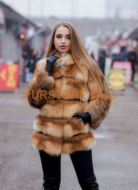 photographic Female fox fur coat with transverse bark in the women's fur clothing store https://furstore.shop