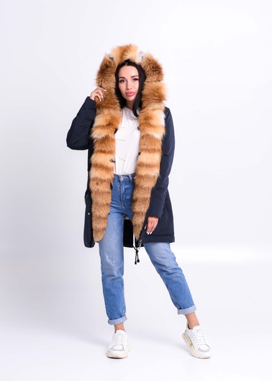 photographic Blue winter parka with fur of Ukrainian red fox in the women's fur clothing store https://furstore.shop