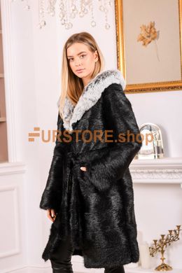 photographic Long fur coat made of natural fur with a hood like a silver fox in the women's fur clothing store https://furstore.shop