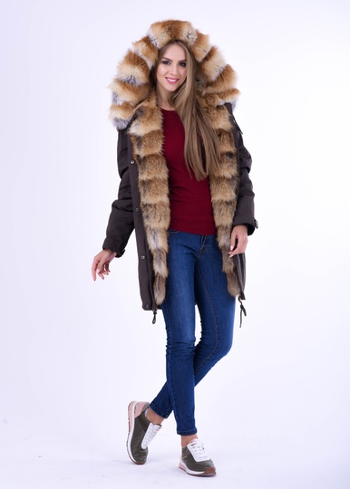 фотогорафия Куртка парка хаки с премиум мехом лисы в магазине женской меховой одежды https://furstore.shop