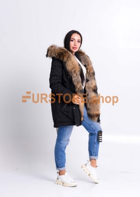 фотогорафия Черная зимняя парка с мехом енота в магазине женской меховой одежды https://furstore.shop