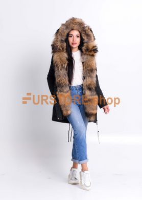фотогорафия Черная зимняя парка с мехом енота в магазине женской меховой одежды https://furstore.shop