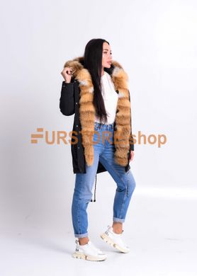 photographic Black women`s parka with fur of Ukrainian red fox in the women's fur clothing store https://furstore.shop