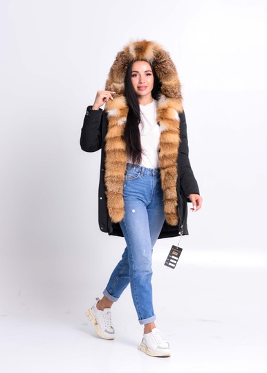 photographic Black women`s parka with fur of Ukrainian red fox in the women's fur clothing store https://furstore.shop