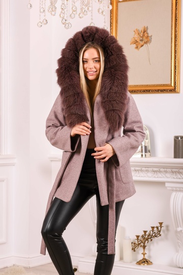 photographic Women`s wool coat with hood and bright fur in the women's fur clothing store https://furstore.shop