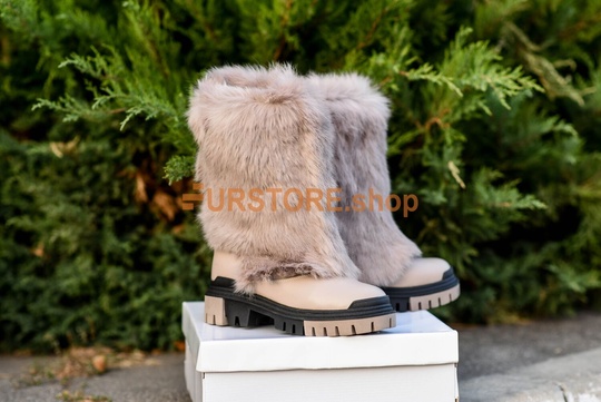 photographic Women's high boots with beige fur, on fashionable soles in the women's fur clothing store https://furstore.shop