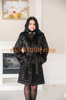 photographic Long fur coat of brown color from a nutria fur with a corrugation in the women's fur clothing store https://furstore.shop