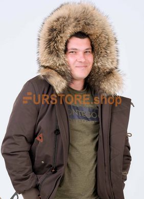 photographic Men's short parka bomber jacket with raccoon fur in the women's fur clothing store https://furstore.shop