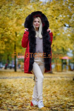 photographic Red fur parka with dark fox in the women's fur clothing store https://furstore.shop