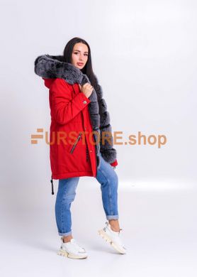 фотогорафия Красная парка с мехом финского песца в магазине женской меховой одежды https://furstore.shop