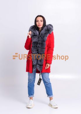 photographic Red parka with fur of Finnish polar fox in the women's fur clothing store https://furstore.shop