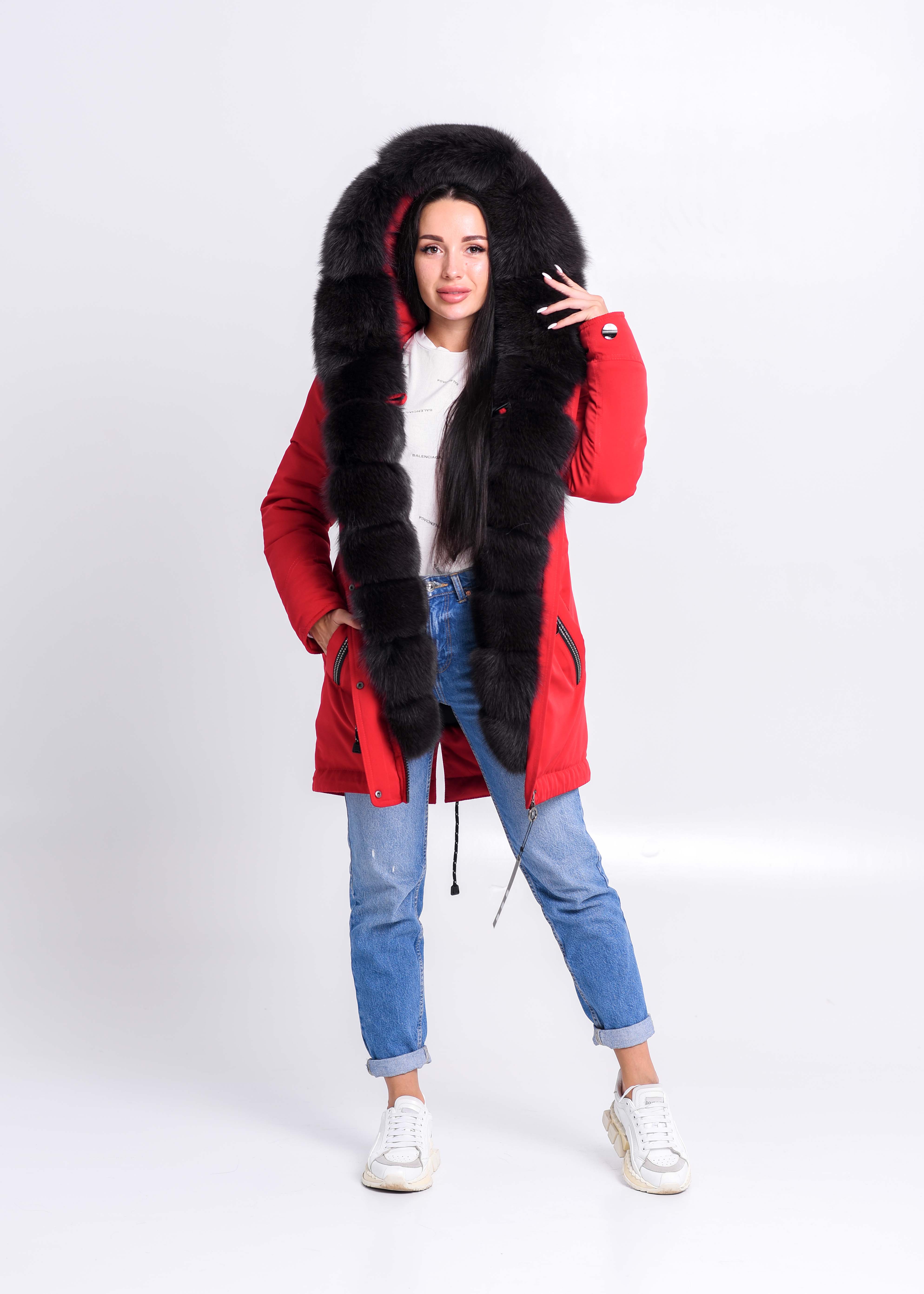 Women's winter parka in red color with sable fur