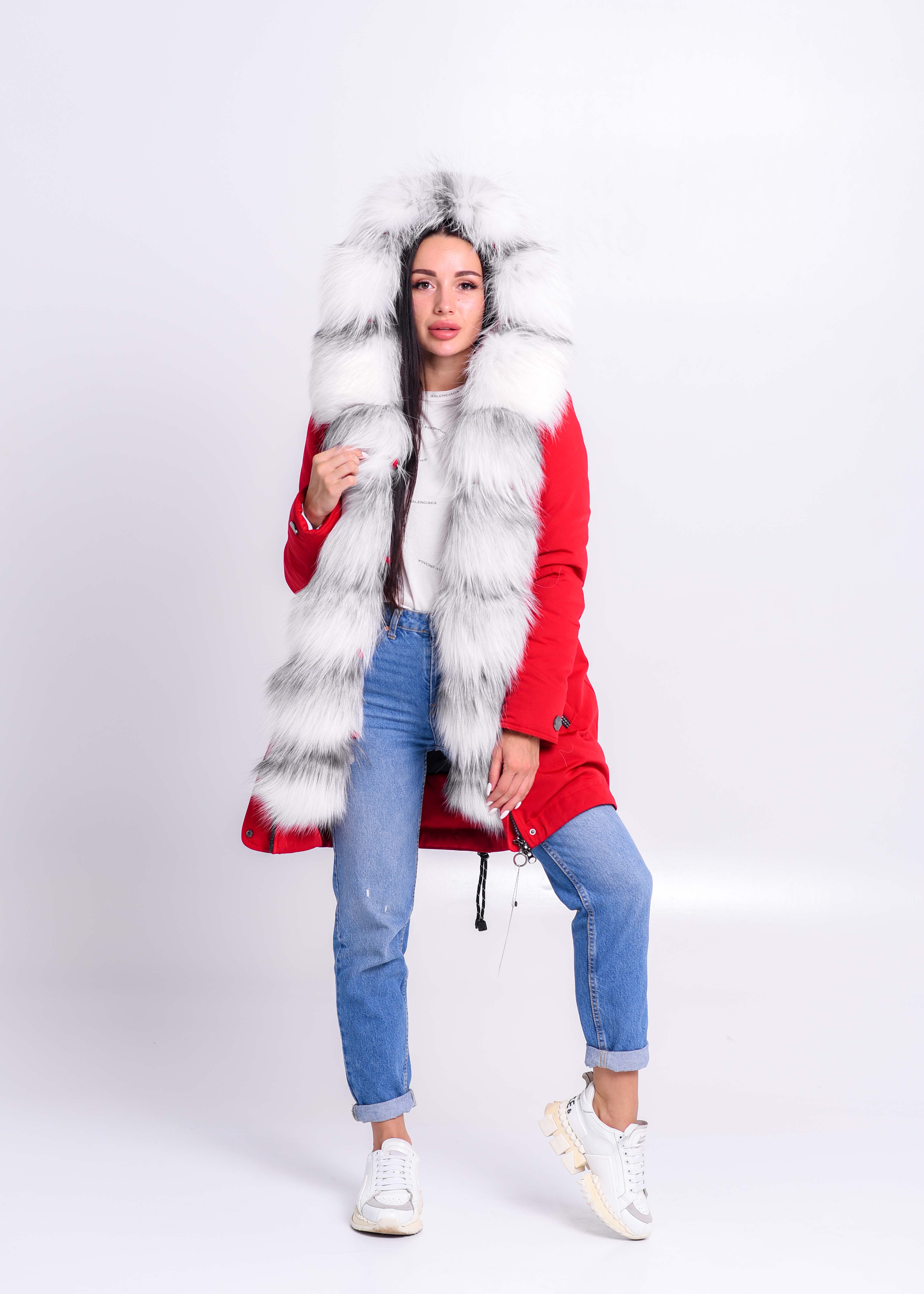 Women's red parka with fur of arctic fox