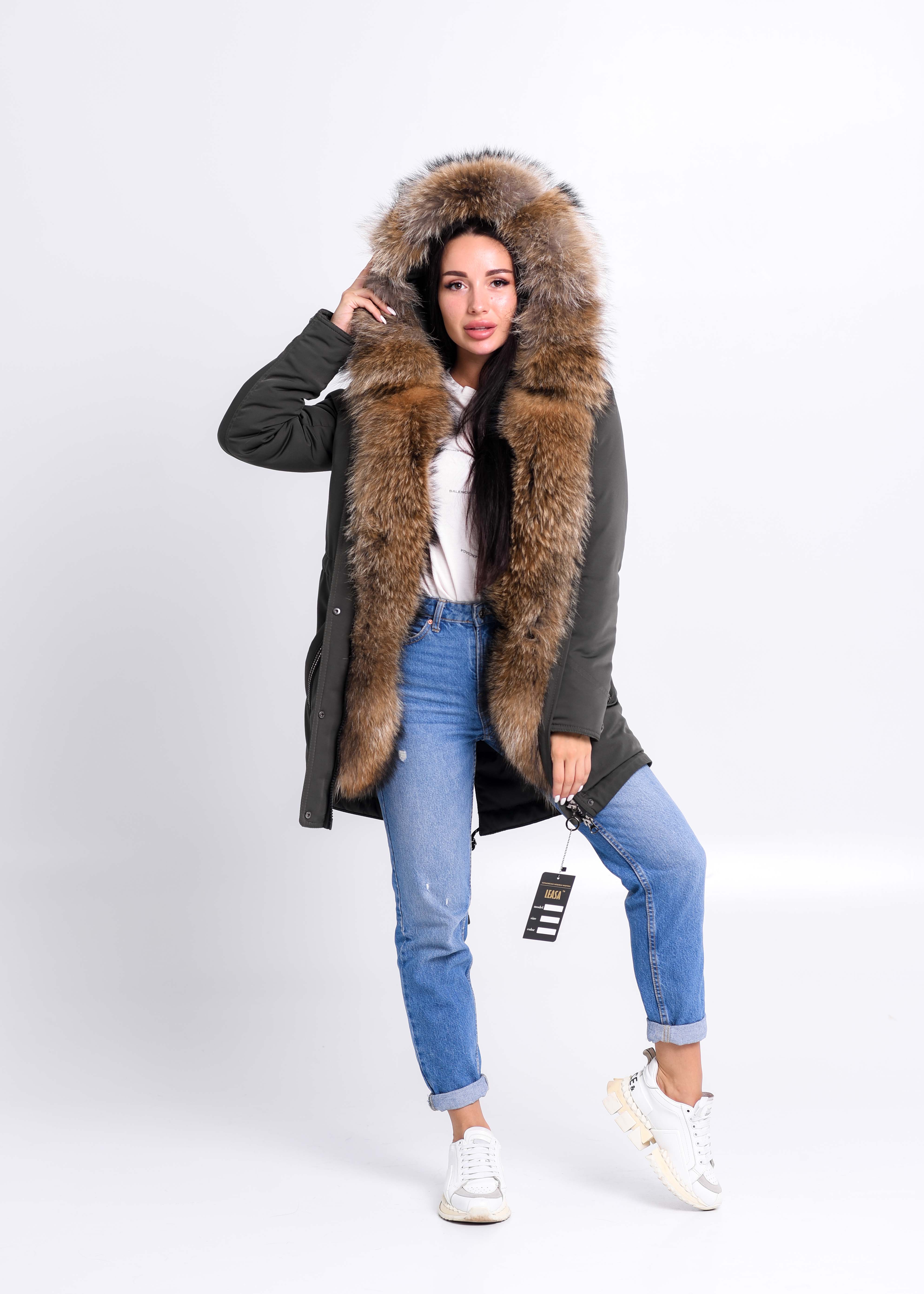Winter parka Khaki with raccoon fur photo