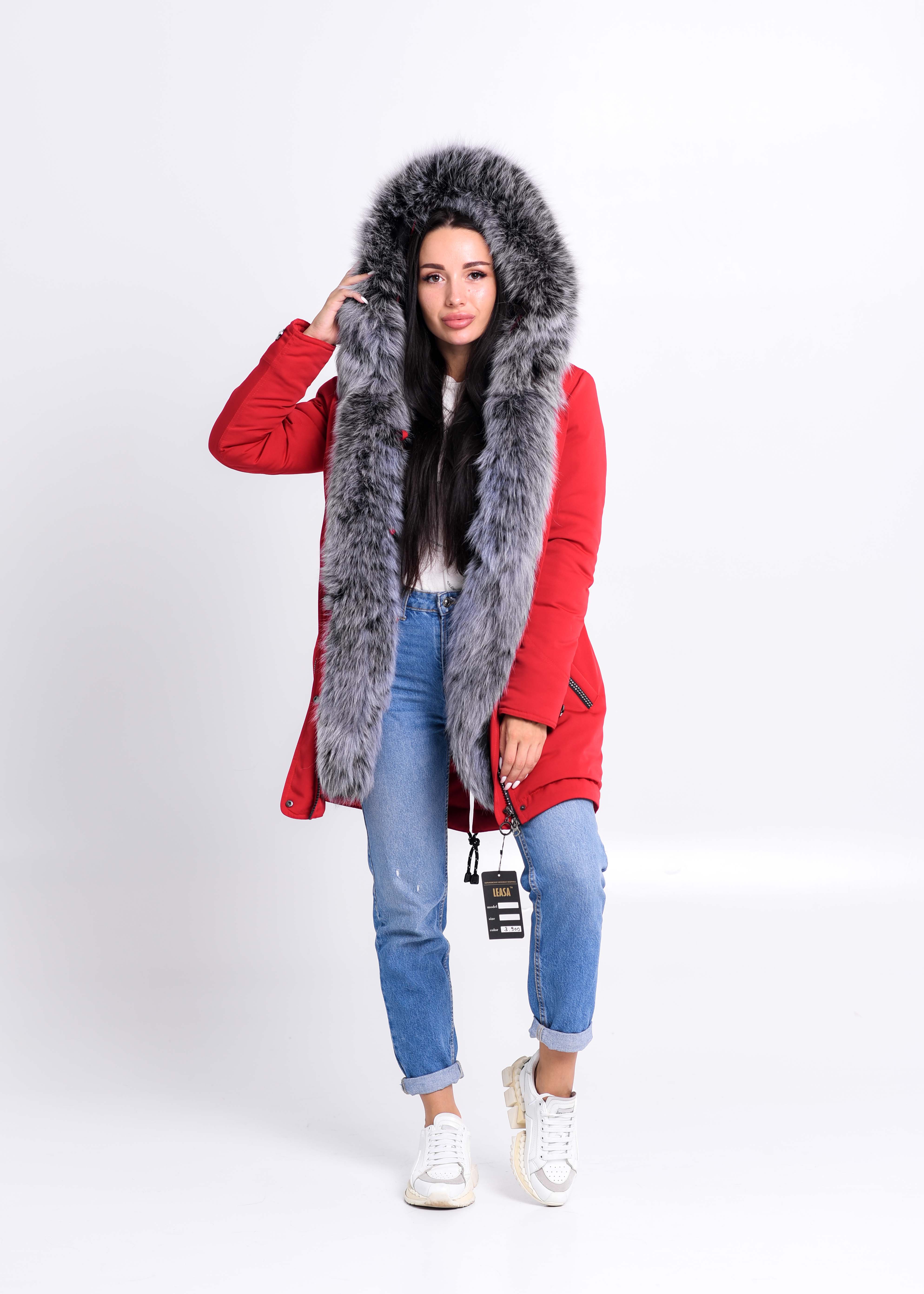 Red parka with fur of polar fox