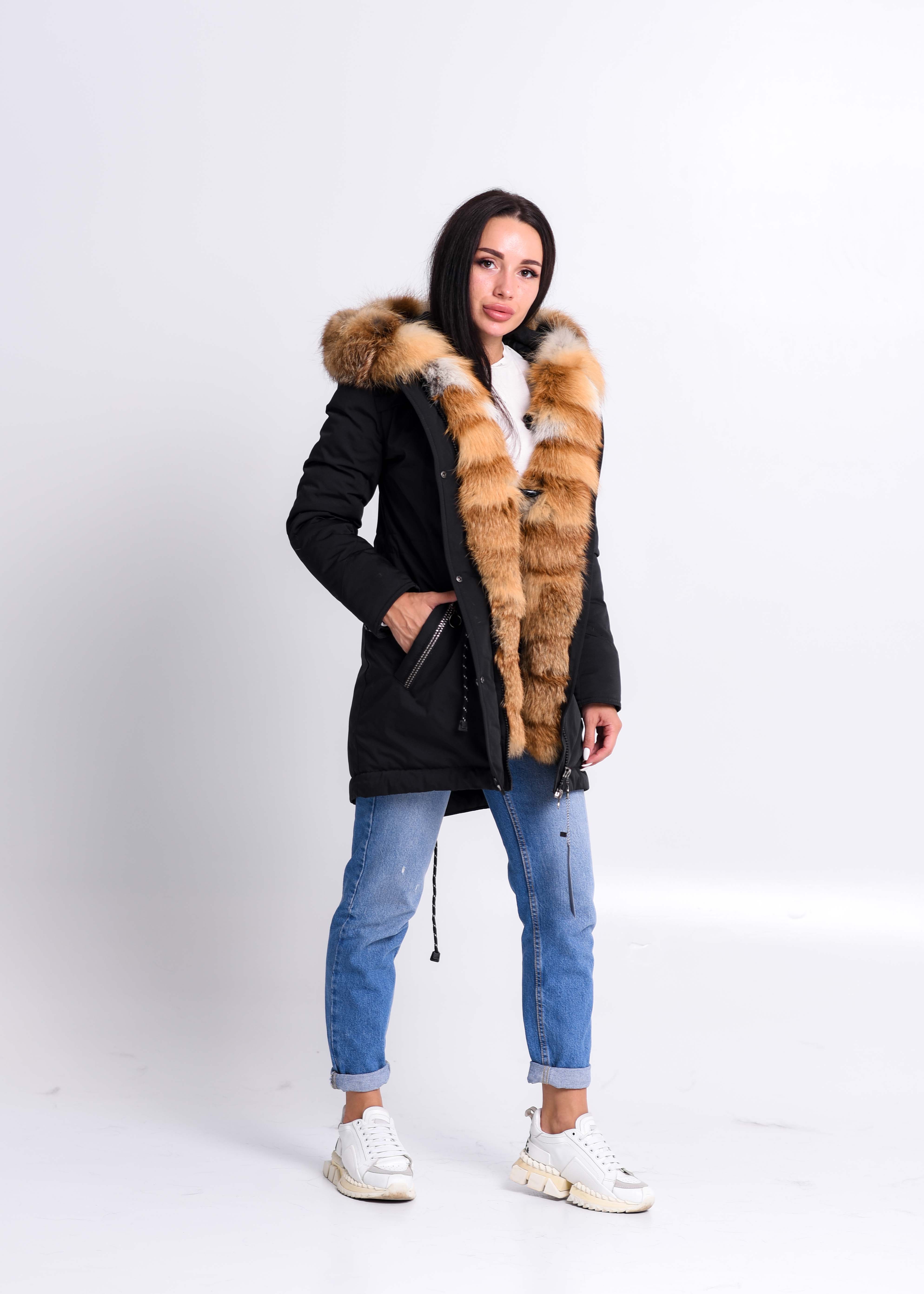 Black women`s parka with fur of Ukrainian red fox