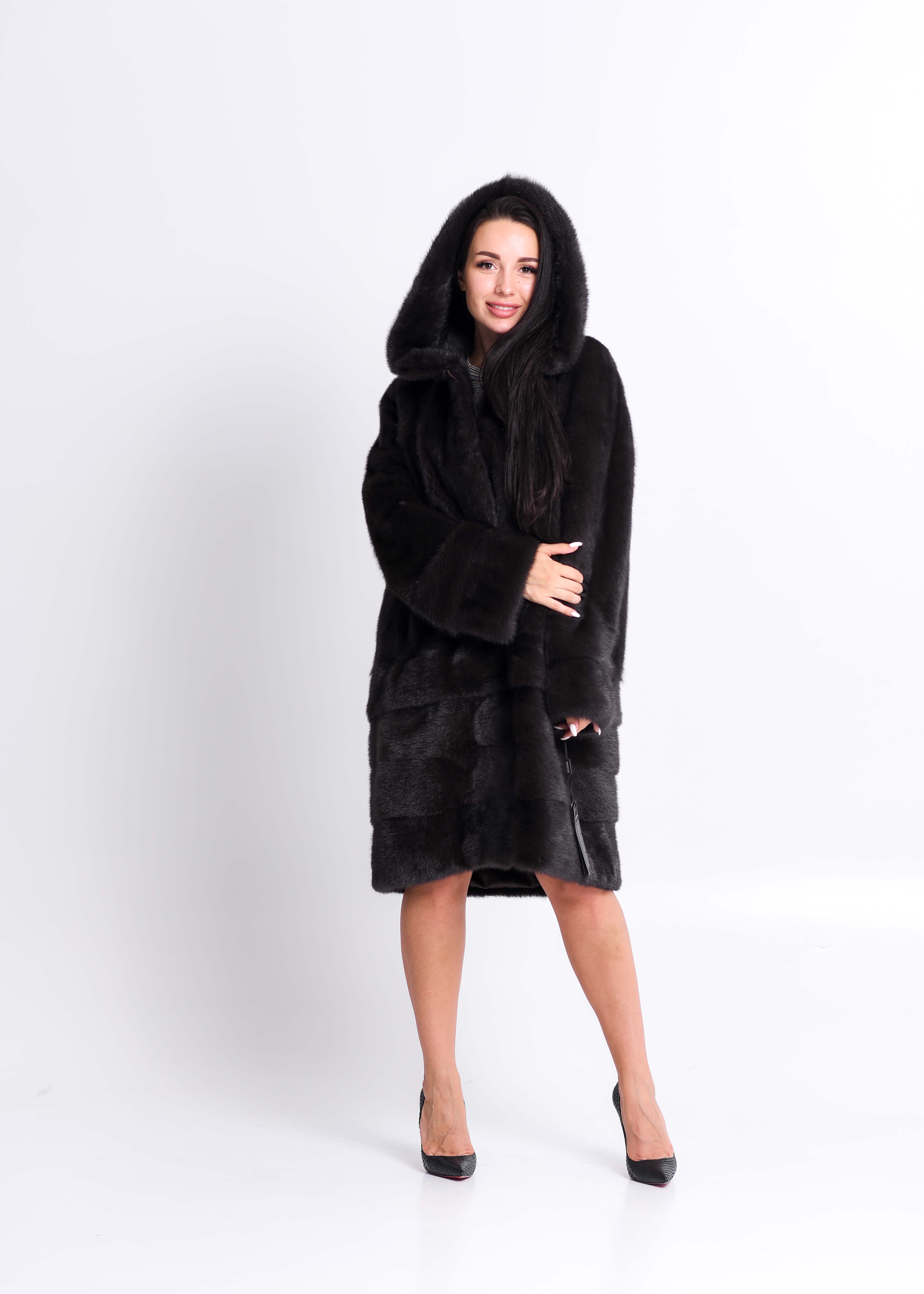 Mink fur coat muscovite with a hood